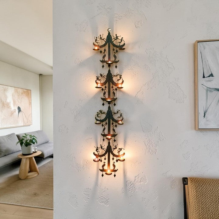 Handcrafted Bastar iron art moustache design wall hanging with tea light holders traditional metal wall decor