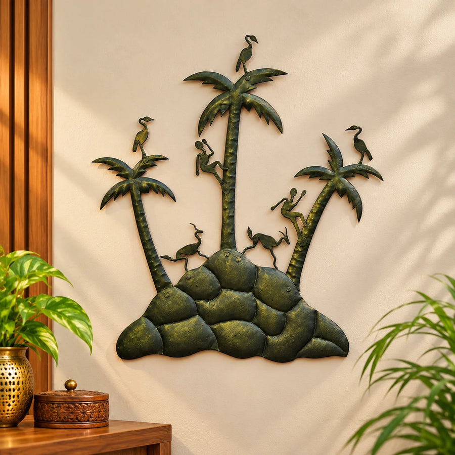 Handcrafted Bastar iron art palm tree and birds wall hanging metal nature theme wall decor lifestyle display