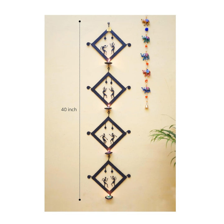 Handmade Bastar iron craft square tiles tea light wall hanging with four detachable panels shown with full height measurement, emphasizing vertical design and festive wall decor use