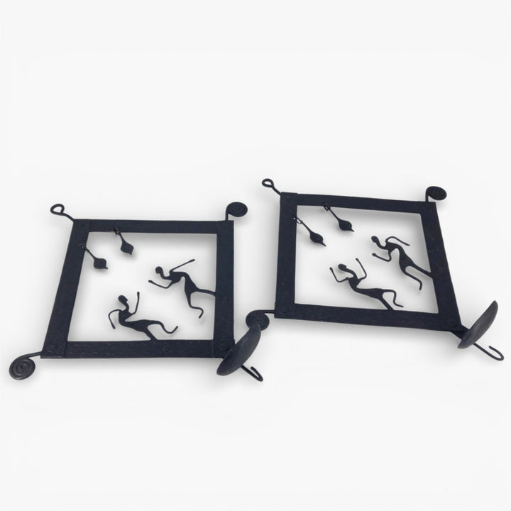 Handcrafted Bastar iron craft square tiles tea light wall hanging black metal tribal wall decor top view