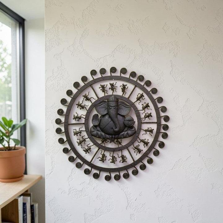 Handmade Bastar iron art Ganesha wall hanging round metal wall decor tribal craft