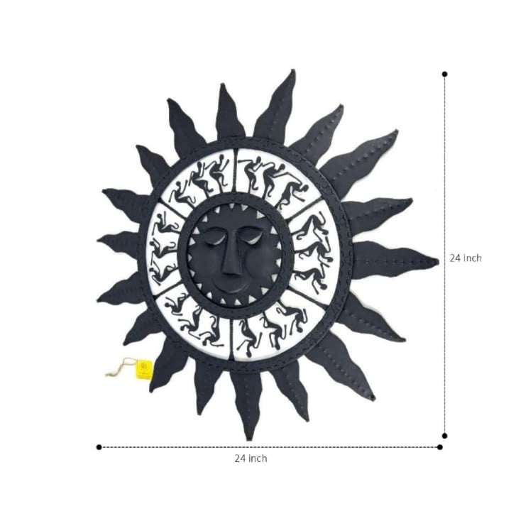 Front view of handmade Bastar iron sun mask wall hanging showing 24 inch diameter with traditional tribal sun design