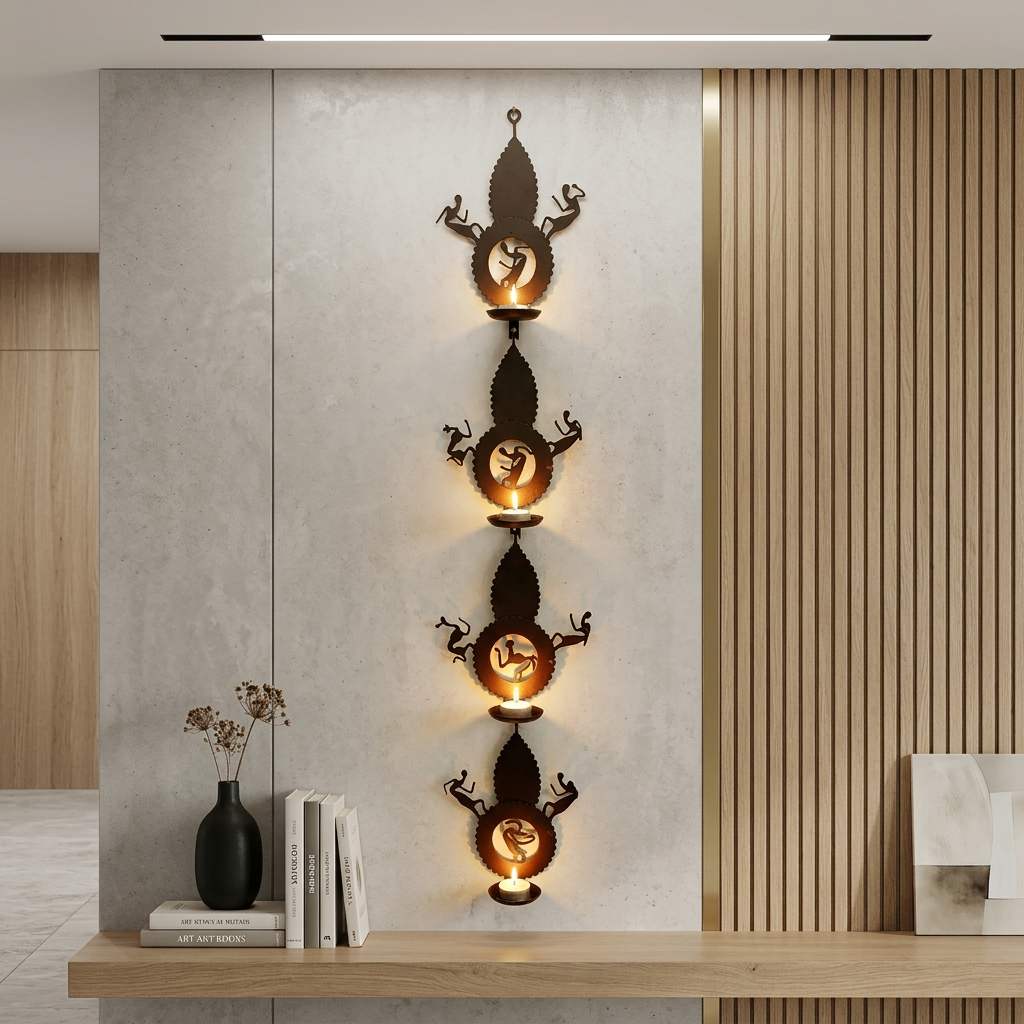 Handcrafted Bastar loha shilp leaf design wall hanging with tea light holders tribal iron wall decor