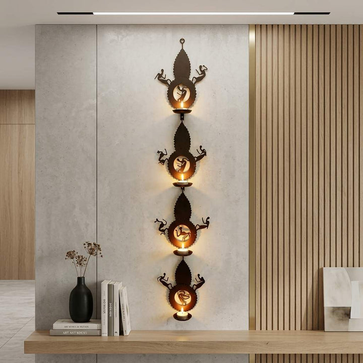Handcrafted Bastar loha shilp leaf design wall hanging with tea light holders tribal iron wall decor