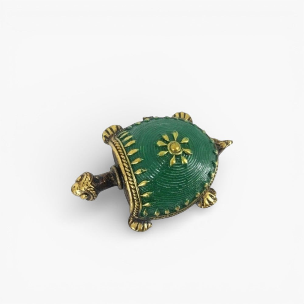 Bell metal Bastar Dokra art turtle figurine green finish top view