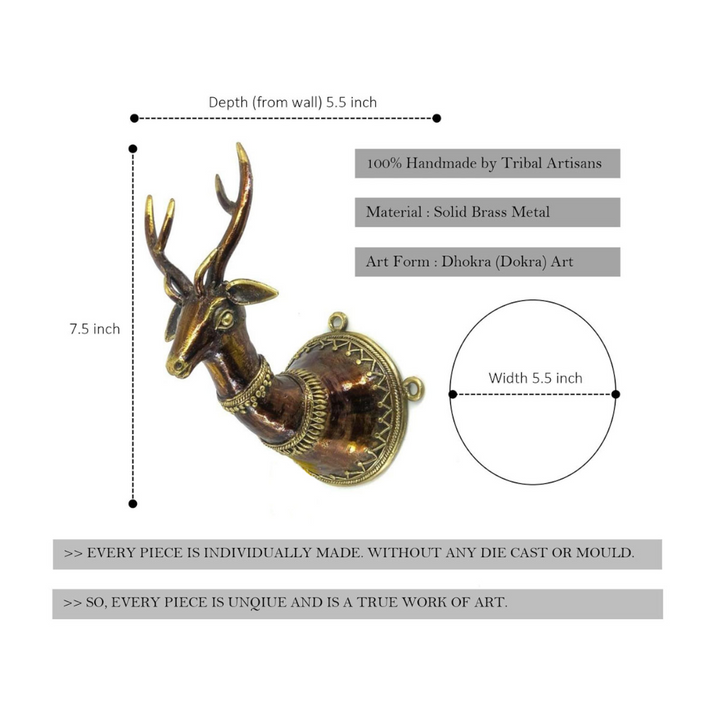 Handmade bell metal Dhokra deer head wall hanging with visible dimensions displaying sculpted form and ornate bronze detailing