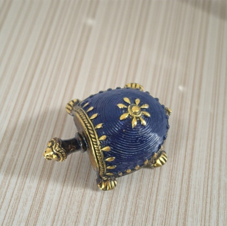 Handcrafted bell metal turtle figurine in Bastar Dokra art with blue and gold detailing, small decorative Indian metal showpiece, 3.5 inch