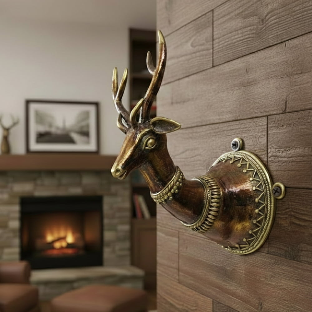 Bell metal wall hanging decorated deer head in bronze color with handcrafted detailing, decorative Indian metal wall decor, 7.5 inch