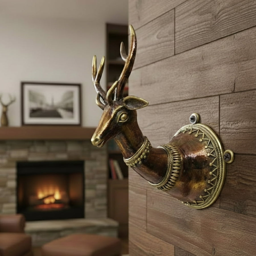 Bell metal wall hanging decorated deer head in bronze color with handcrafted detailing, decorative Indian metal wall decor, 7.5 inch