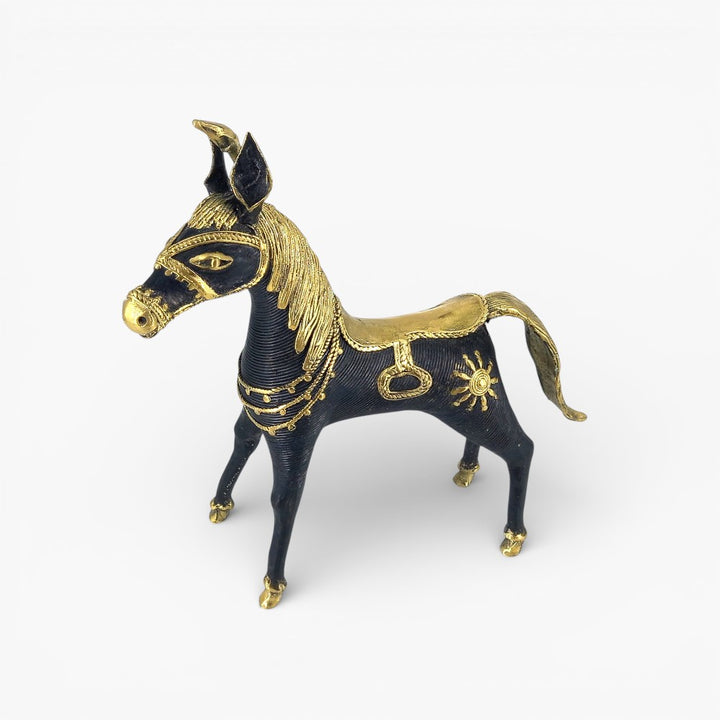 Top angle view of black brass horse sculpture with detailed tail