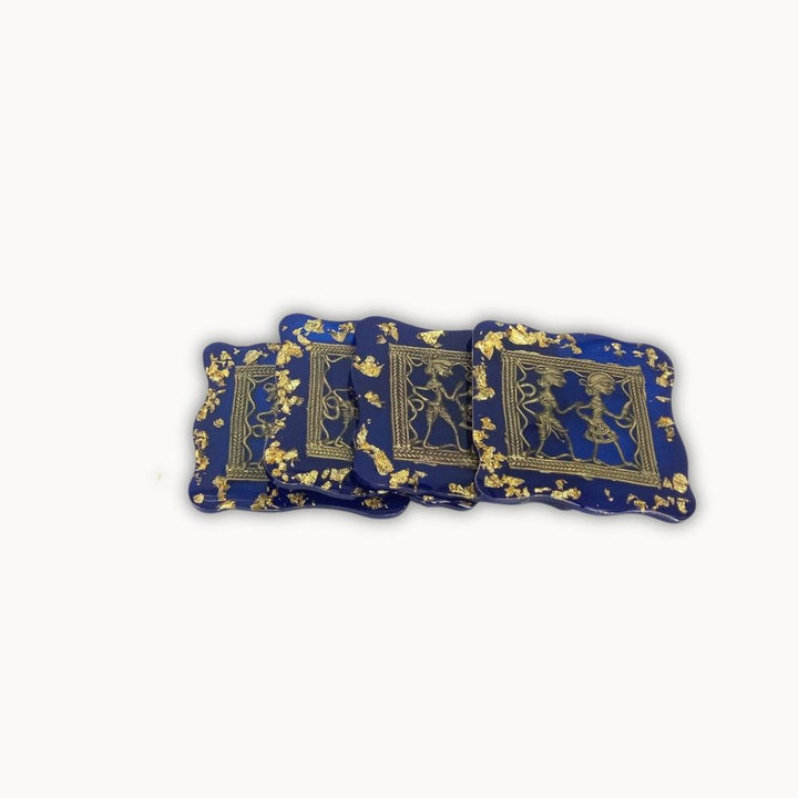 Blue resin square coaster with traditional brass art detailing