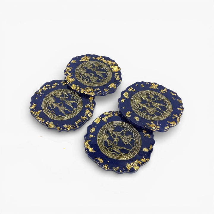 Blue resin coaster with brass Bastar Dokra art motif