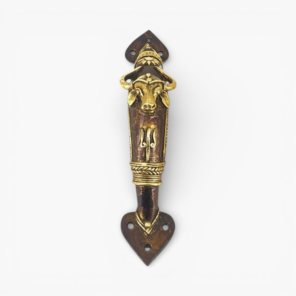 Traditional brass bull door handle handcrafted design front view