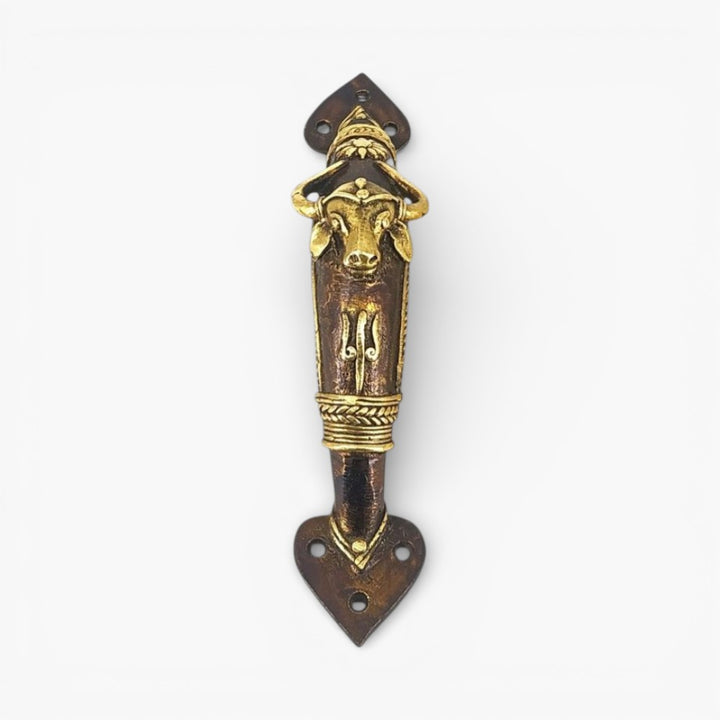 Traditional brass bull door handle handcrafted design front view