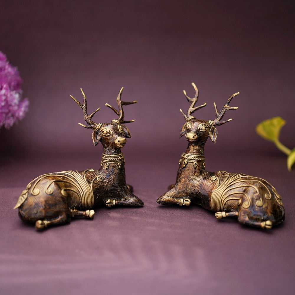 Brass Bastar Dokra art deer figurine pair resting pose