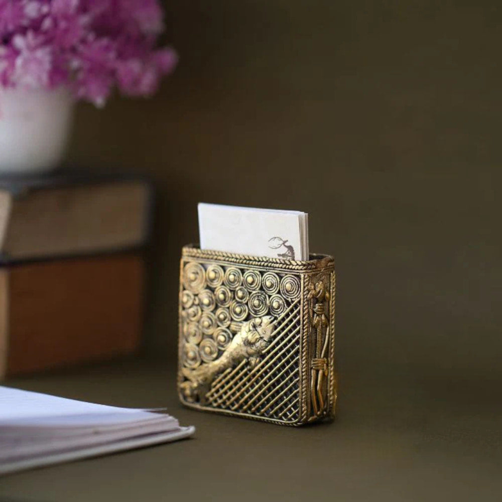 Brass Bastar Dokra art desktop organizer pen and card holder front view