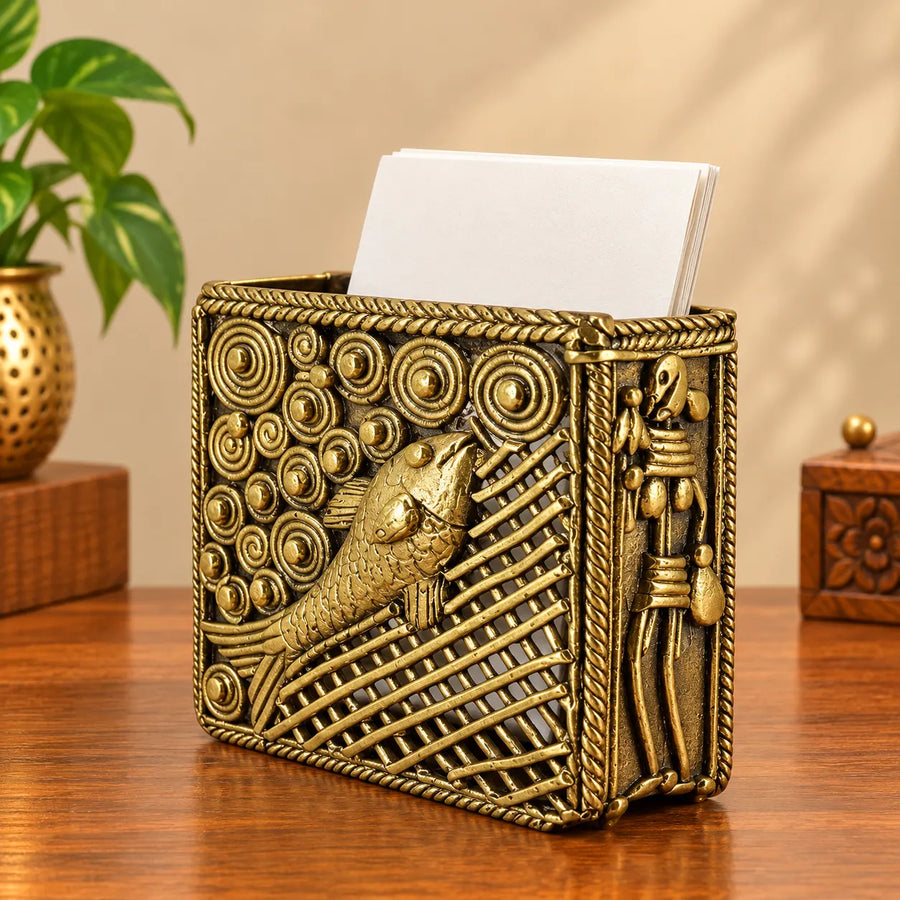 Brass Bastar Dokra art desktop organizer pen and card holder front view