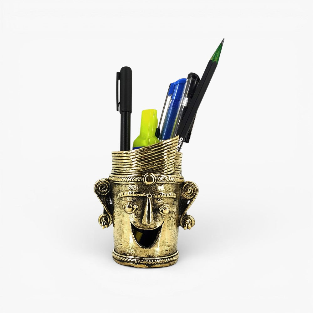 Handcrafted brass pen holder desk organizer front view