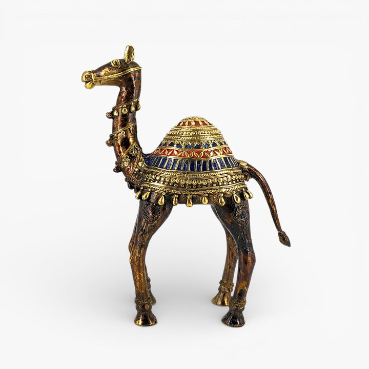 Side view of multicolor Bastar Dokra art camel figurine