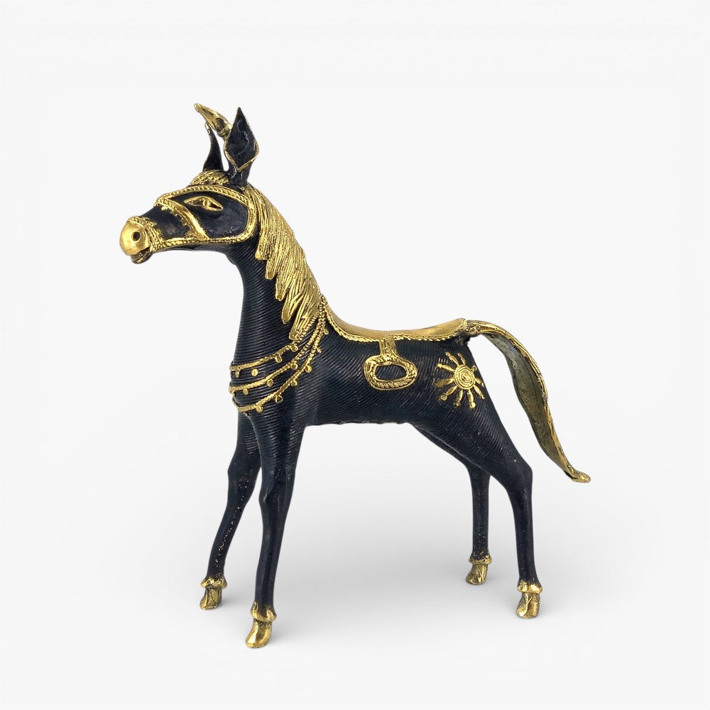 Handmade brass charging horse statue in black Bastar Dokra art