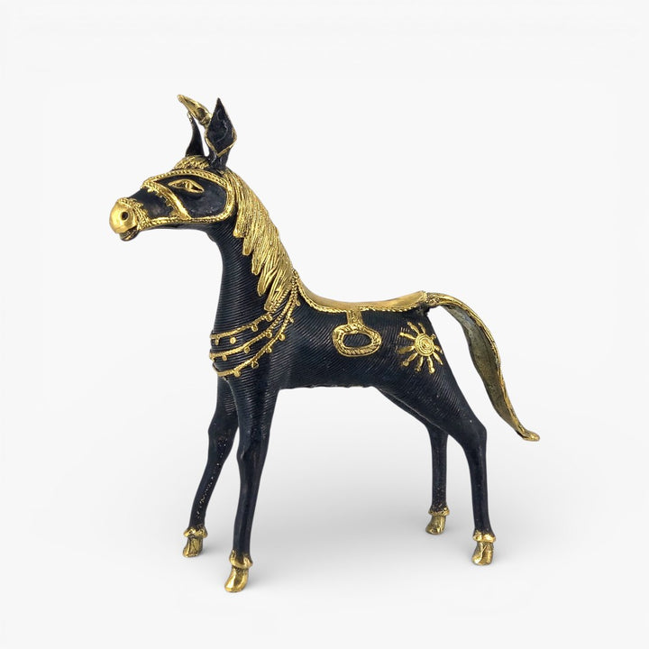 Handmade brass charging horse statue in black Bastar Dokra art