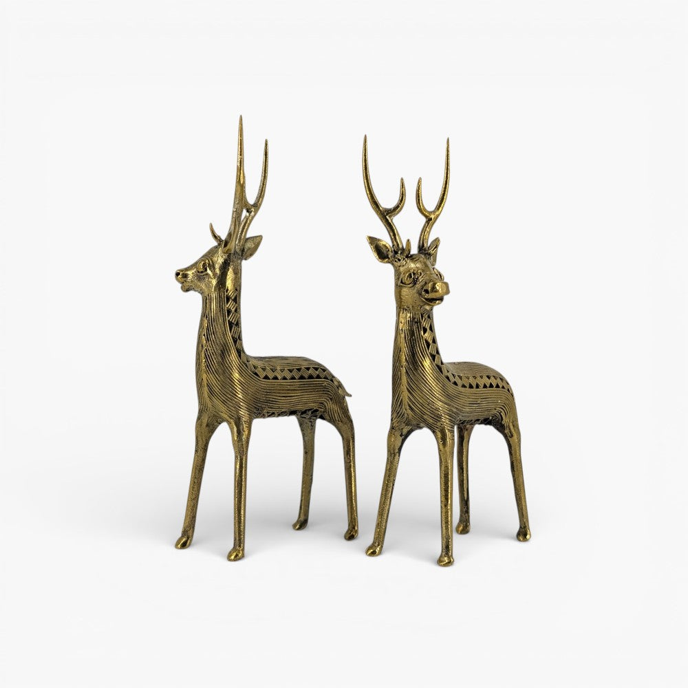 Side by side view of brass deer duo handcrafted using traditional Dhokra metal casting technique