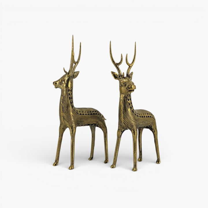 Side by side view of brass deer duo handcrafted using traditional Dhokra metal casting technique