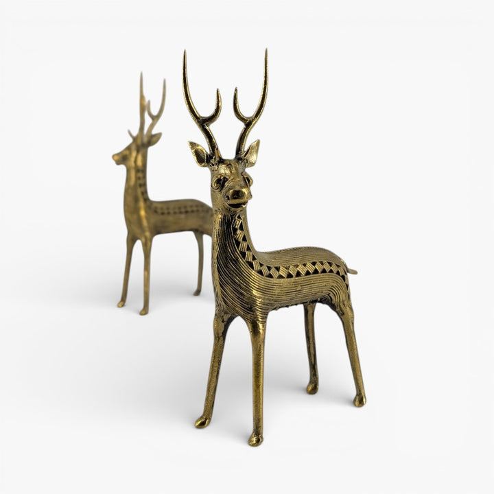 Handcrafted brass deer figurine in Bastar Dokra art with detailed textured design decorative metal sculpture