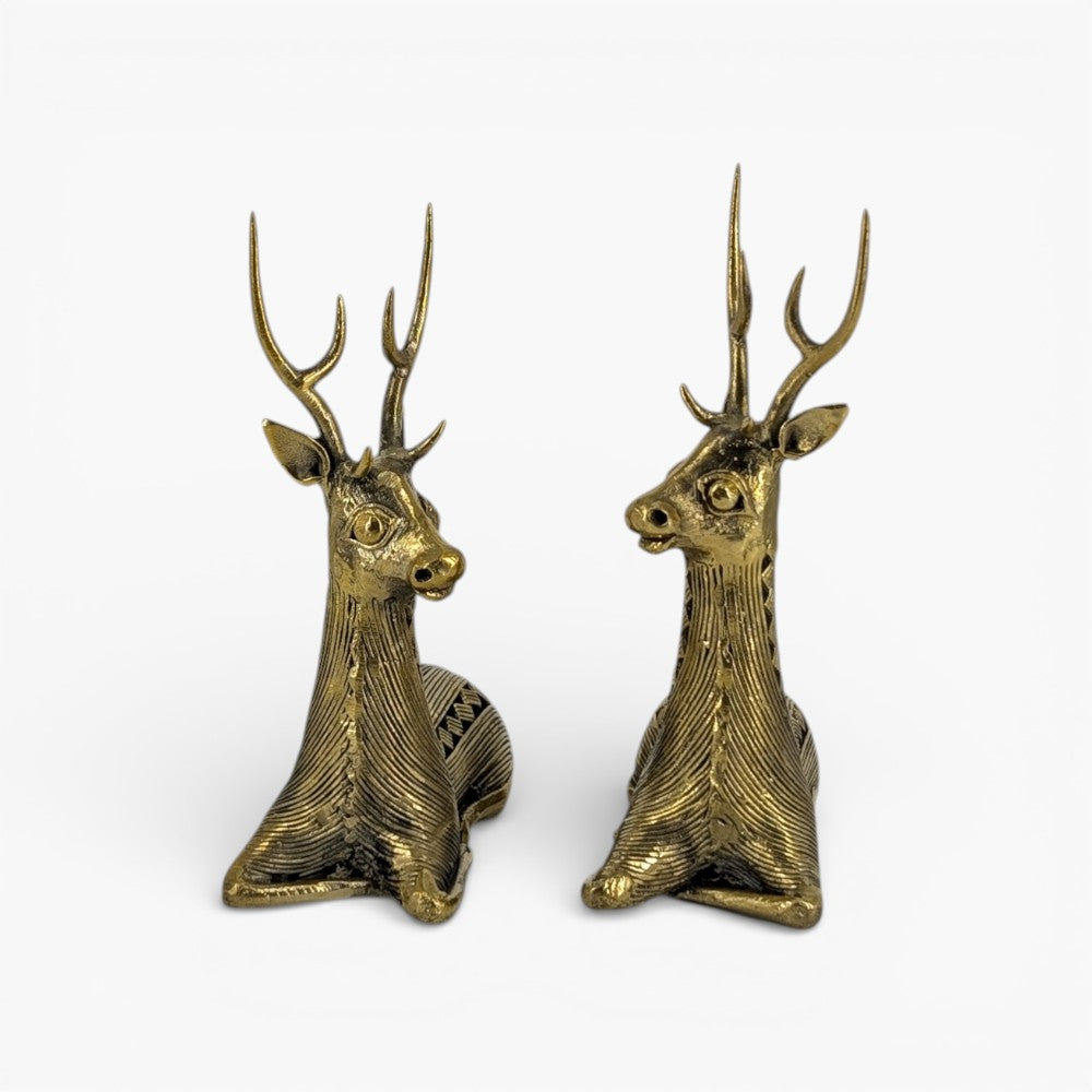 Handcrafted brass deer figurines in Bastar Dokra art, decorative metal deer sculpture set of 2 shown in front view