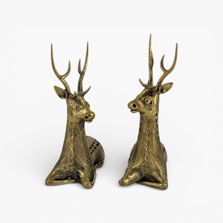 Handcrafted brass deer figurines in Bastar Dokra art, decorative metal deer sculpture set of 2 shown in front view