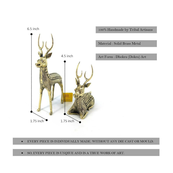 Front view of handcrafted brass deer pair with intricate Dokra art detailing and golden finish