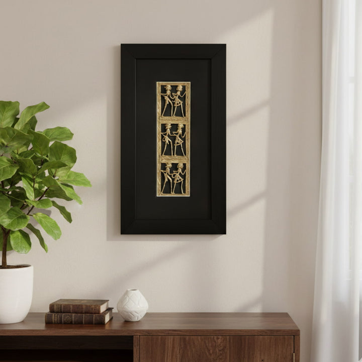 Brass Dhokra art wall hanging with handcrafted figurative detailing in black frame, decorative Indian metal wall decor, 18 inch