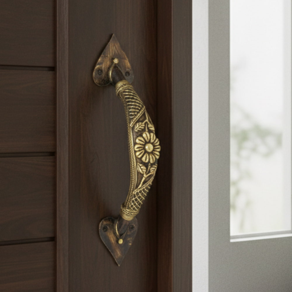 Brass door handle with flower and lattice design in bronze color, handcrafted decorative metal handle mounted on wooden door, 9 inch
