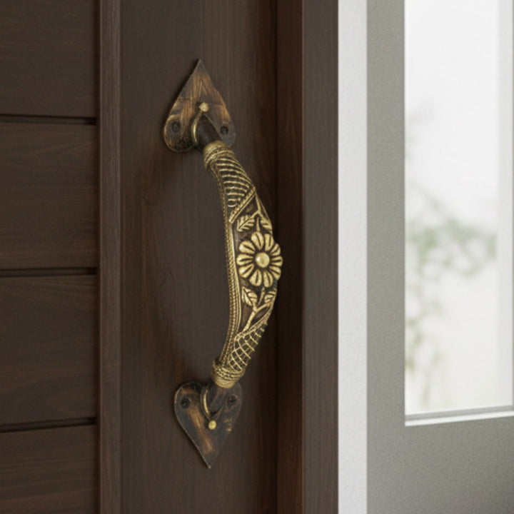 Brass door handle with flower and lattice design in bronze color, handcrafted decorative metal handle mounted on wooden door, 9 inch