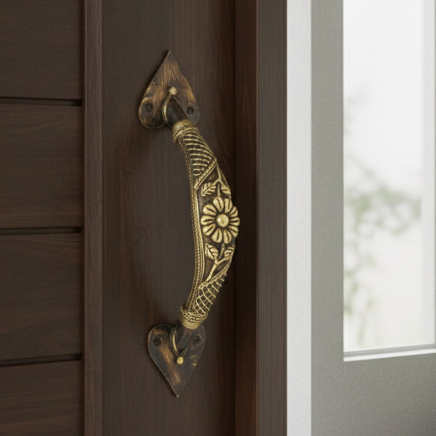 Brass door handle with flower and lattice design in bronze color, handcrafted decorative metal handle mounted on wooden door, 9 inch