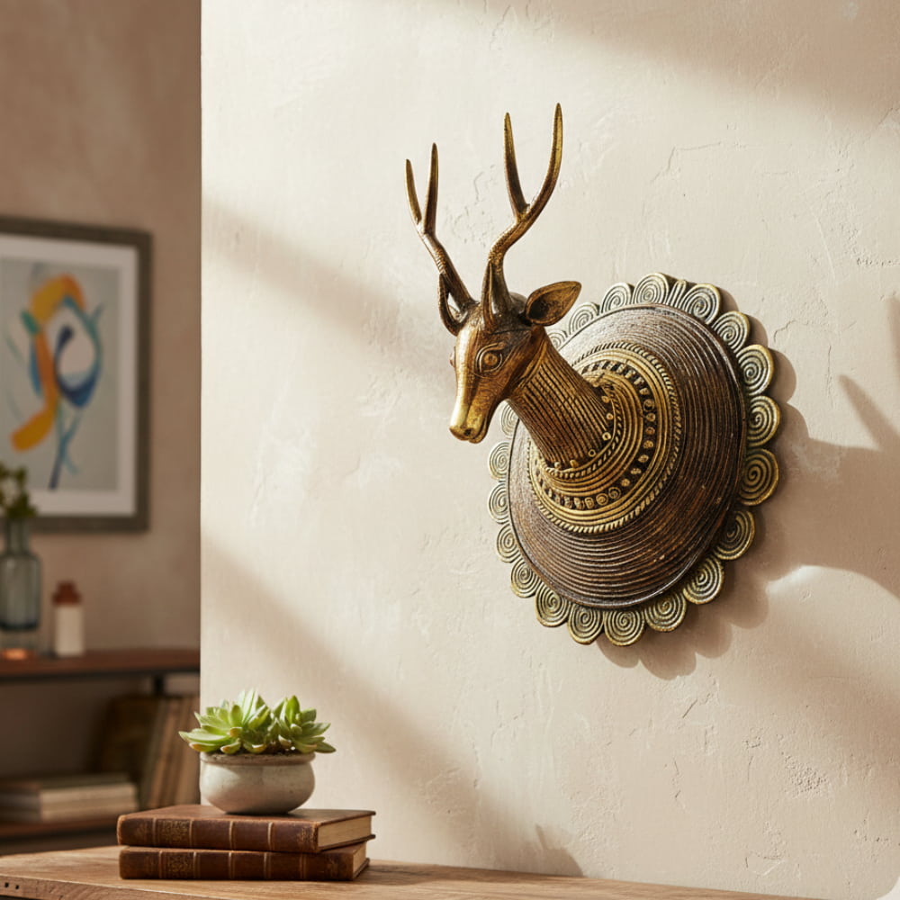 Brass dual-tone deer head wall accent in Bastar Dokra art style with intricate handcrafted detailing, decorative Indian metal wall decor, 7.5 inch