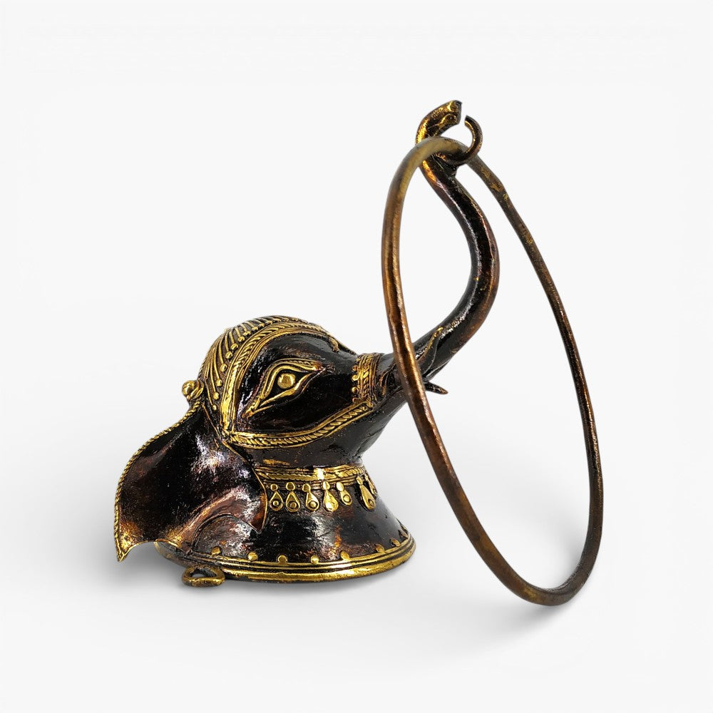 Brass elephant head towel ring wall hanging in Bastar Dokra art