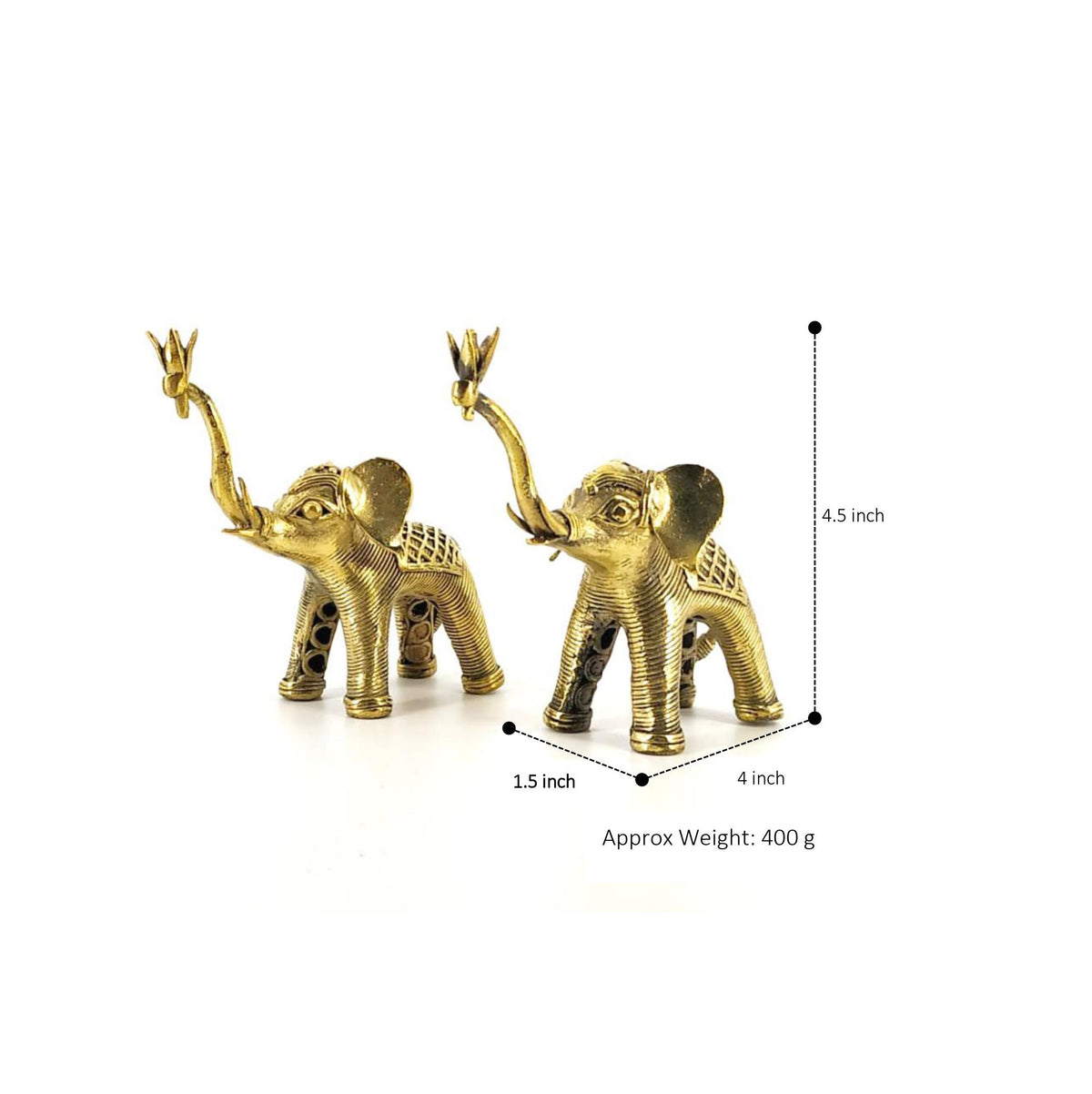 Solid brass elephant pair with raised trunk showing size and dimensions, handmade dhokra art figurines