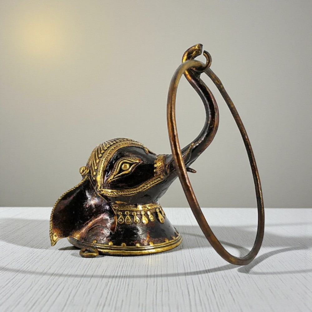 Brass elephant head towel ring holder crafted in Bastar Dokra art with bronze finish, decorative metal wall mounted towel holder