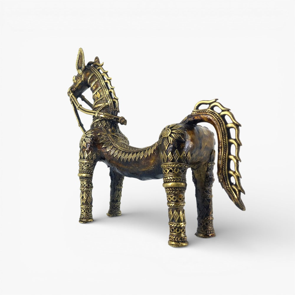 Back view of handcrafted brass horse statue with bent back highlighting symmetrical dhokra art motifs and sturdy leg form