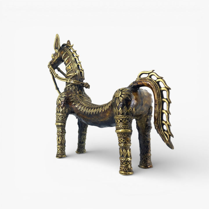 Back view of handcrafted brass horse statue with bent back highlighting symmetrical dhokra art motifs and sturdy leg form