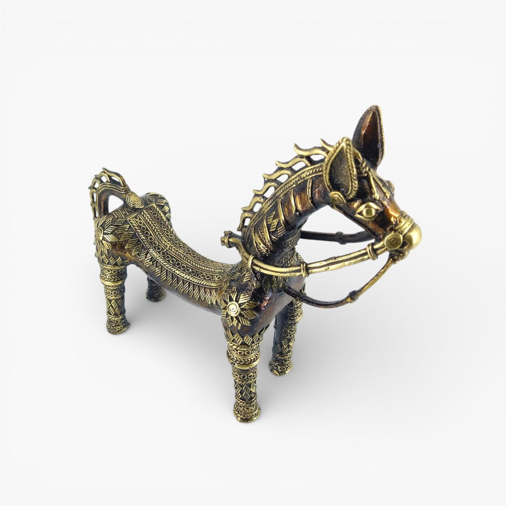 Top three-quarter angle of bronze brass horse statue showing decorative harness, mane detailing, and handcrafted metal finish