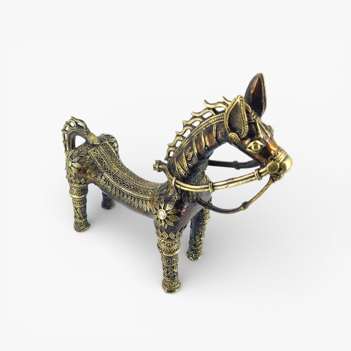 Top three-quarter angle of bronze brass horse statue showing decorative harness, mane detailing, and handcrafted metal finish