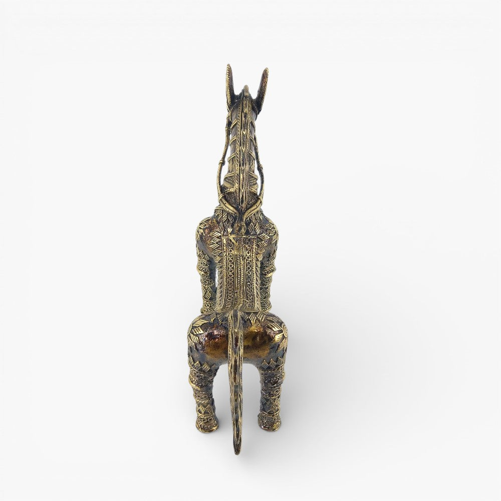 Rear straight view of handmade brass horse figurine emphasizing balanced posture and detailed bell metal surface work
