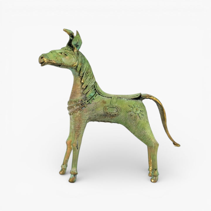 Handmade verdigris green brass horse statue with unicorn horn shown in front angle showcasing sleek body detailing