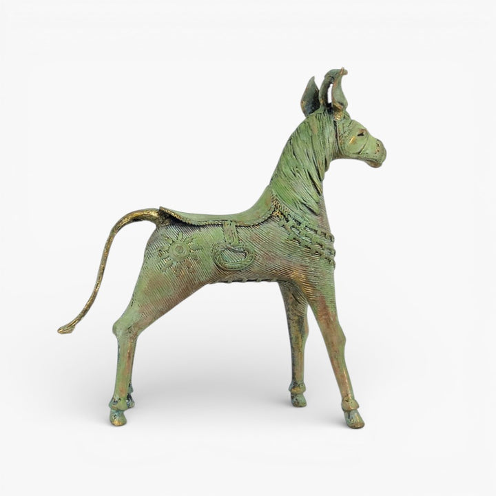 Side profile view of verdigris green brass horse statue displaying saddle design and flowing mane details