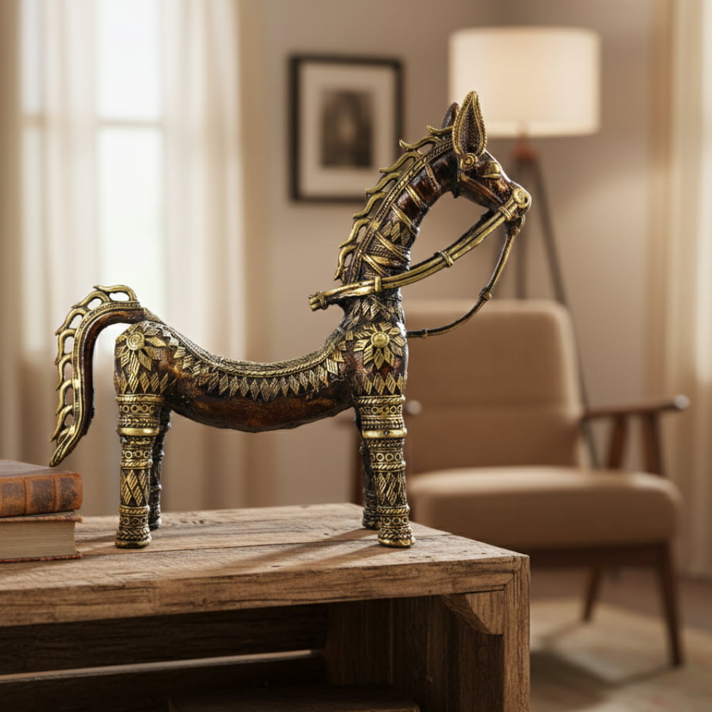 Handcrafted brass horse with bent back in bronze color, decorative metal horse figurine for home decor, 8.25 inch
