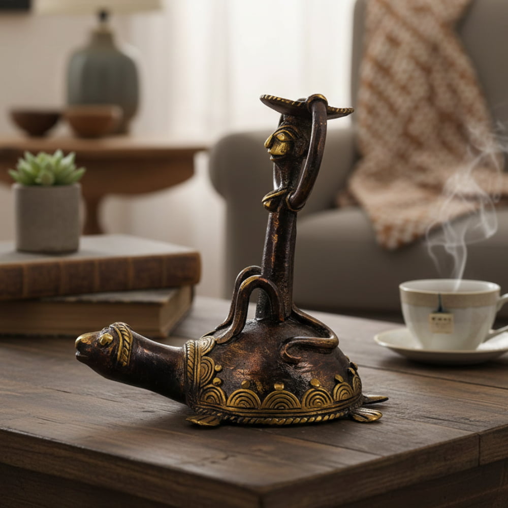 Brass monkey tortoise candle holder in bronze color with handcrafted detailing, decorative metal candle stand for home decor, 4.3 inch