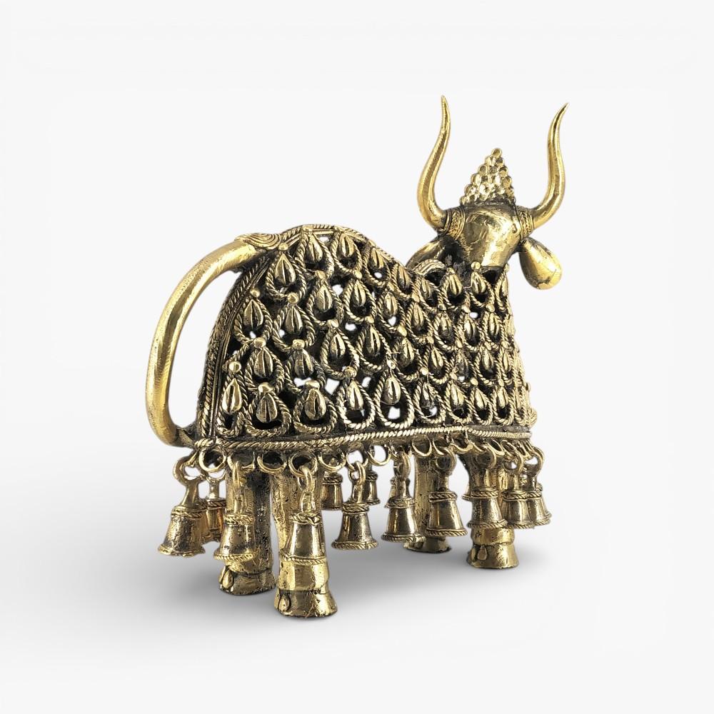 Spiritual brass Nandi sculpture close-up artisan texture