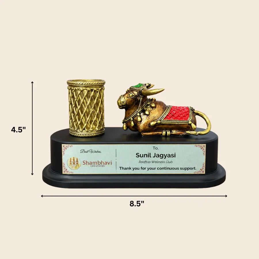 Bastar Dhokra brass nandi pen holder desk organiser with personalized name plate, approximate dimensions 8.5 inch width x 4.5 inch height
